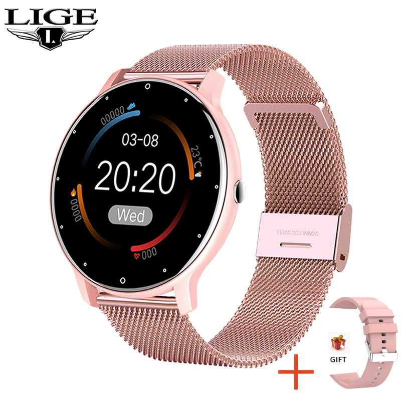 LIGE-Full Touch Screen Relógio Inteligente para Senhoras, Relógio de Fitness Esportes, IP67 À Prova D 'Água,