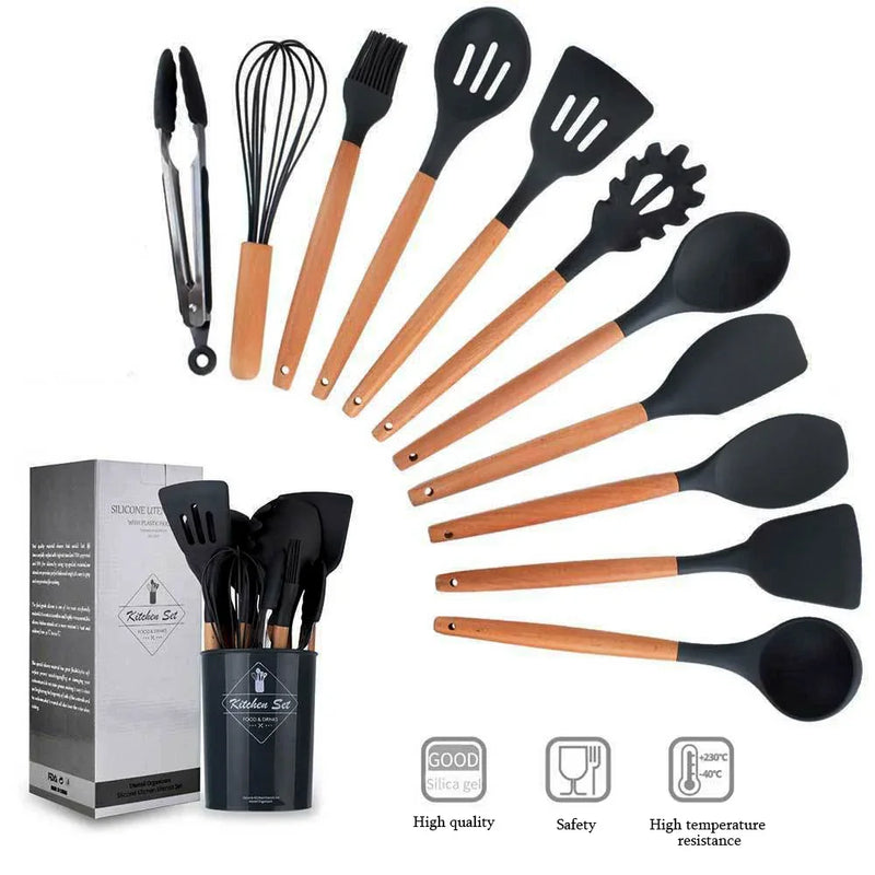 Conjunto De Panelas De Silicone Antiaderente, Utensílios De Cozinha, Espátula, Pá, Batedores De Ovo, Cabo De Madeira, Ferramenta De Cozinha, Utensílios De Cozinha, 12Pcs