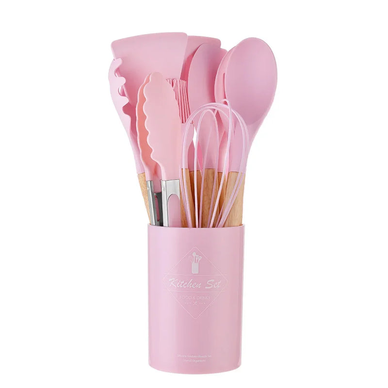 Conjunto De Panelas De Silicone Antiaderente, Utensílios De Cozinha, Espátula, Pá, Batedores De Ovo, Cabo De Madeira, Ferramenta De Cozinha, Utensílios De Cozinha, 12Pcs