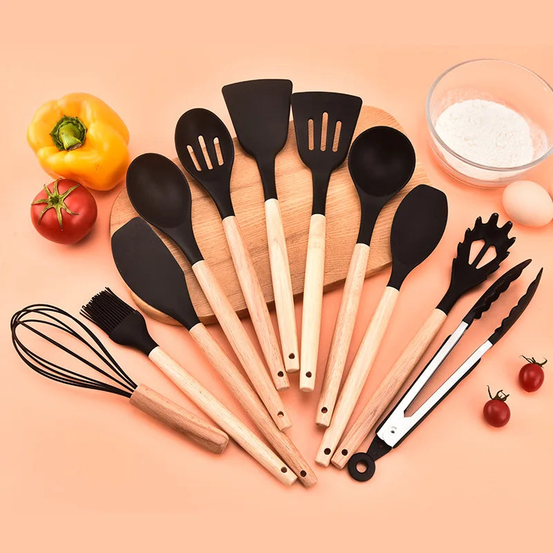 Conjunto De Panelas De Silicone Antiaderente, Utensílios De Cozinha, Espátula, Pá, Batedores De Ovo, Cabo De Madeira, Ferramenta De Cozinha, Utensílios De Cozinha, 12Pcs