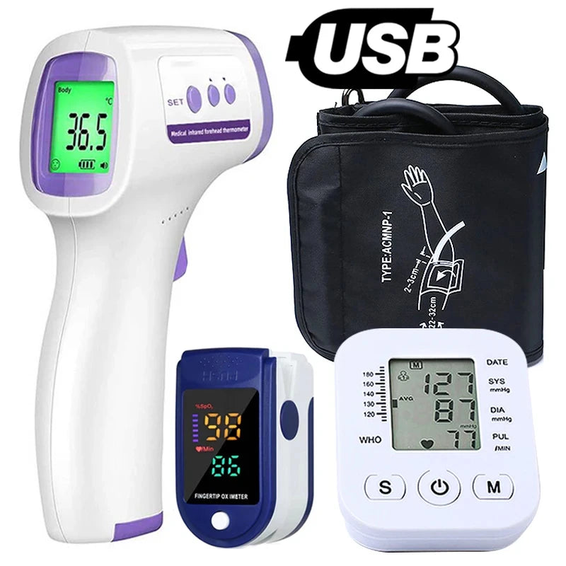 Digital Arm Blood Pressure Meter Tensiometers Cuff Digital Fever Thermometer Medical Infrared Thermometer Finger Oximeter Suit