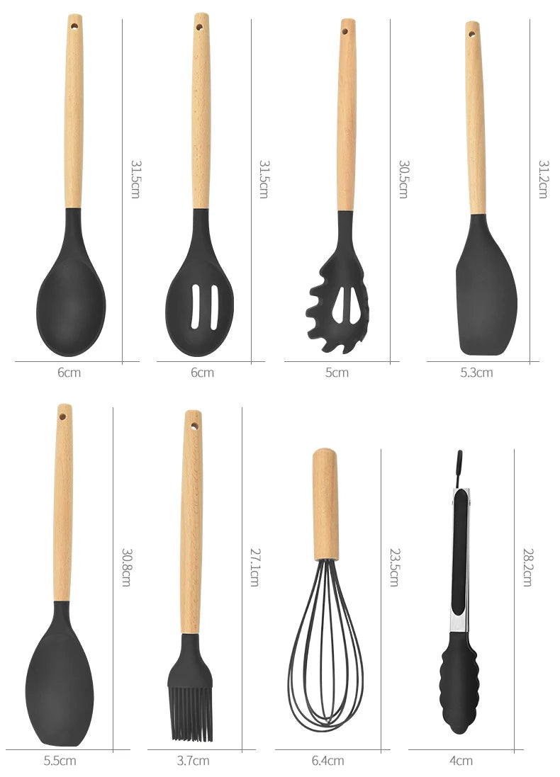 Conjunto De Panelas De Silicone Antiaderente, Utensílios De Cozinha, Espátula, Pá, Batedores De Ovo, Cabo De Madeira, Ferramenta De Cozinha, Utensílios De Cozinha, 12Pcs