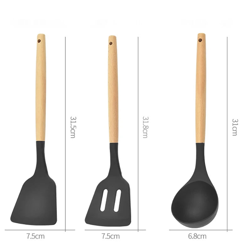 Conjunto De Panelas De Silicone Antiaderente, Utensílios De Cozinha, Espátula, Pá, Batedores De Ovo, Cabo De Madeira, Ferramenta De Cozinha, Utensílios De Cozinha, 12Pcs